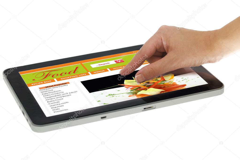Hand zooming on tablet with recipe website template isolated