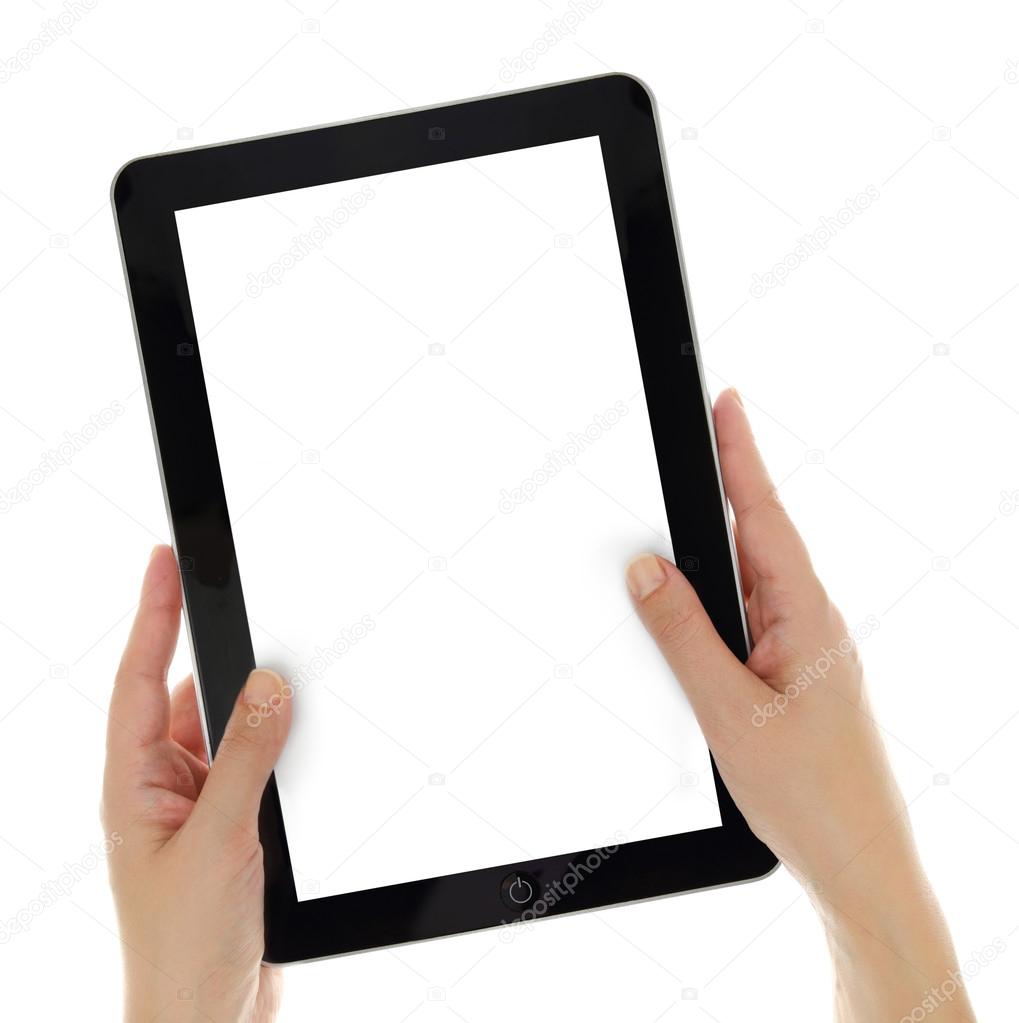 Female hands vertically holding tablet with blank screen isolate