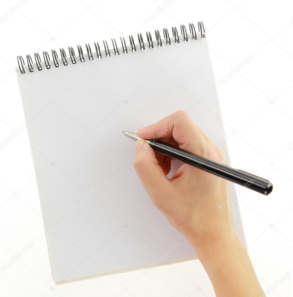Hand writing gesture with pen and notebook isolated