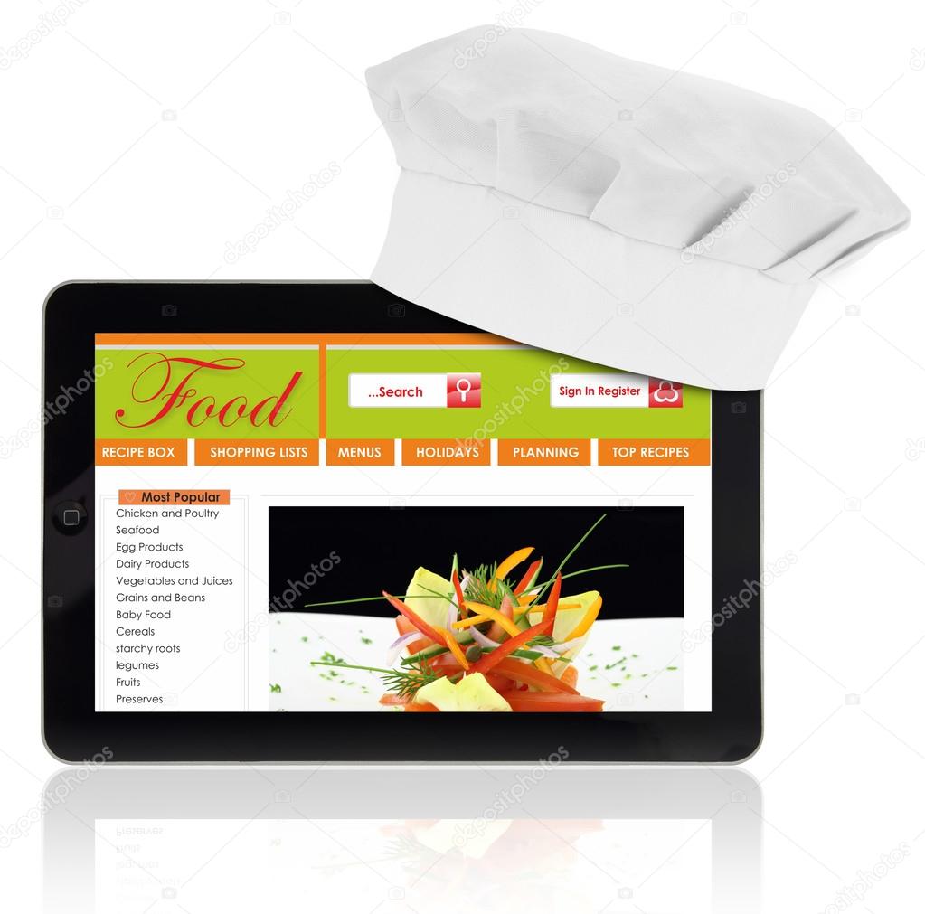 Tablet computer with chef and recipe website template isolated