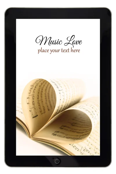 Online music, tablet with notes and heart on white — Stock Photo, Image