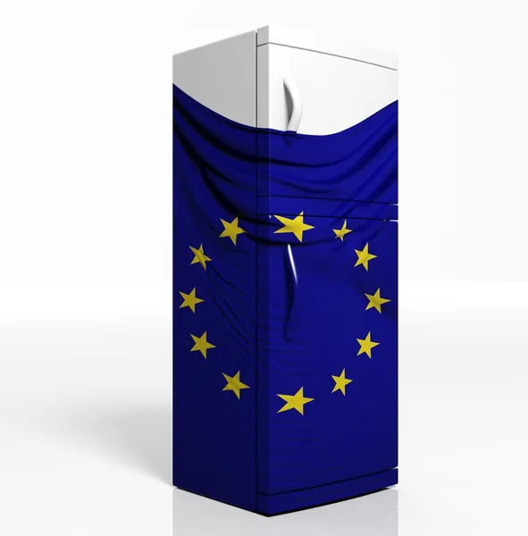 3D lodówka z flagą Europejską na białym tle biały — Zdjęcie stockowe