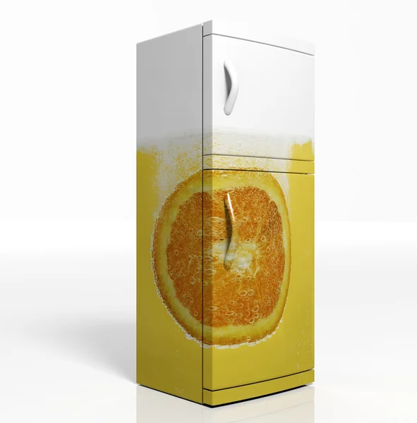 3D візуалізація великого холодильника з помаранчевим ізольованим — стокове фото