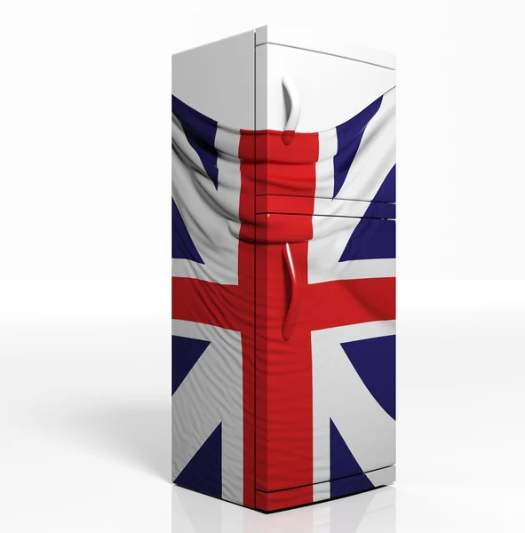 3D lednice s anglická vlajka, samostatný jedno bílé — Stock fotografie