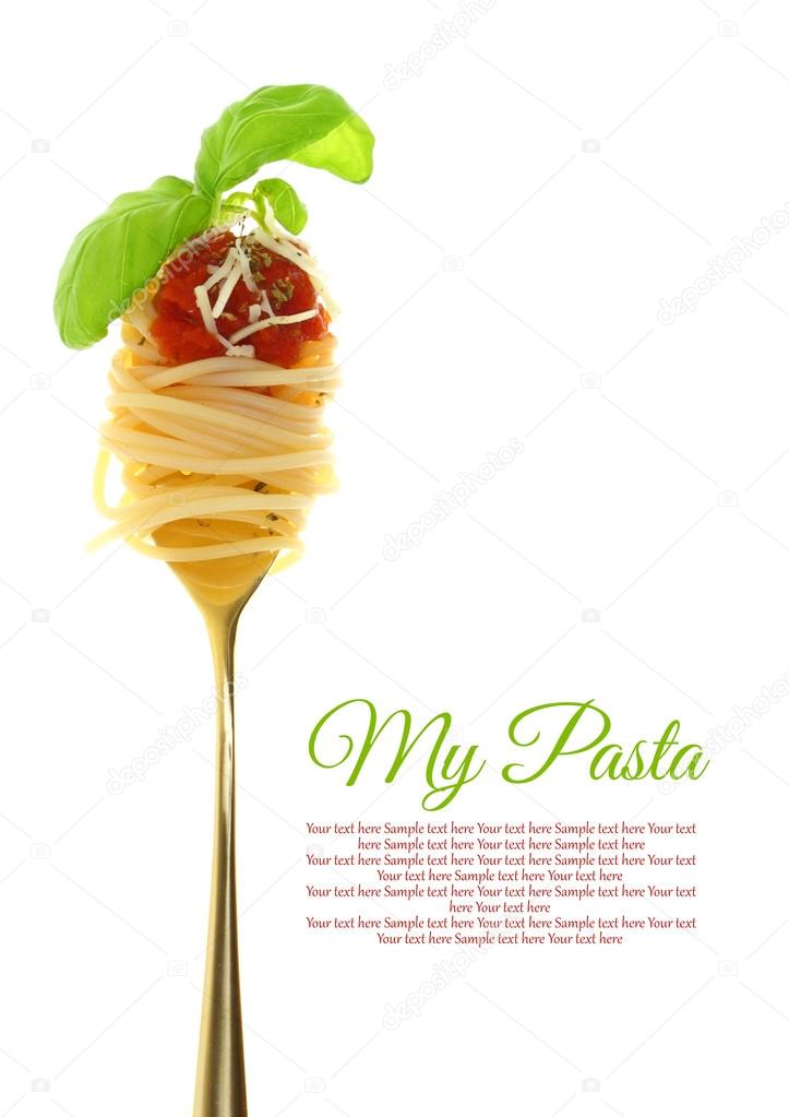Fork with spaghetti, tomato sauce and basil isolated