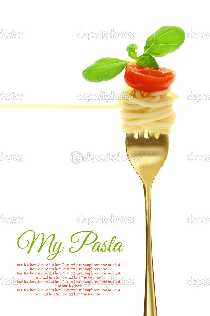 Fork with spaghetti, tomato and basil isolated on white