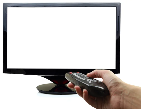 3D blank tv display with hand and remote control — Stock Photo, Image