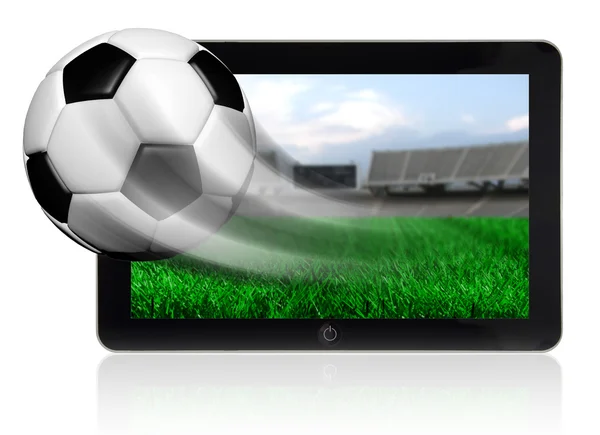 Pallone da calcio in movimento che vola fuori dallo schermo del tablet isolato — Foto Stock