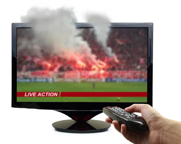 Tv screen with football match and smoke isolated — Stock Photo, Image
