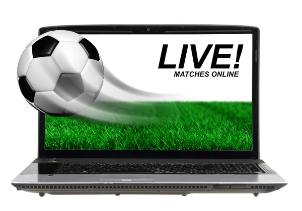 Voetbal in beweging vliegen laptop scherm geïsoleerd — Stockfoto