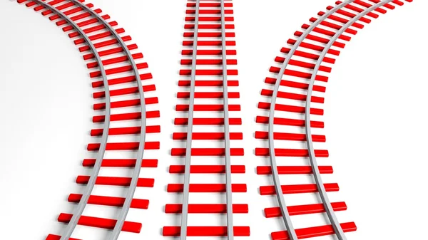 Три тривимірні червоні залізничні колії, ізольовані на білому — стокове фото