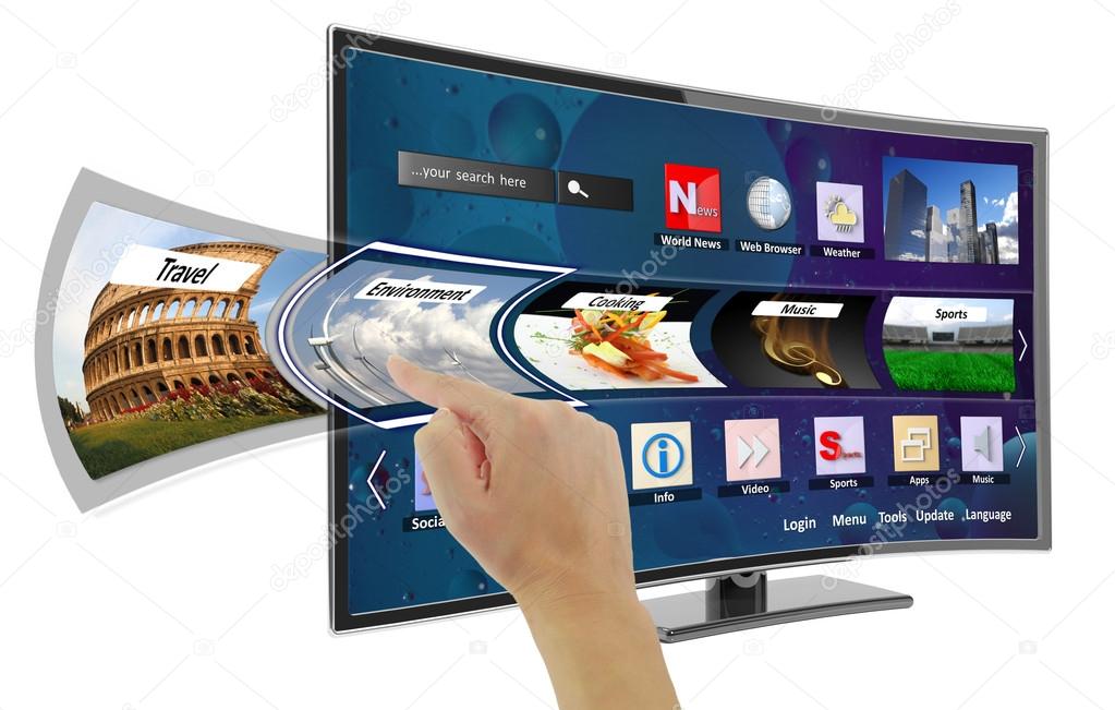 Smart tv with apps and hand touching the screen