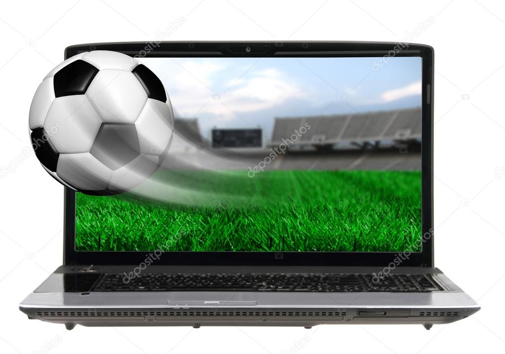 Soccer ball in motion flying off laptop screen isolated