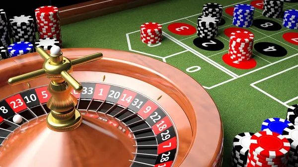 Primo piano 3D del tavolo da casinò con roulette e chip — Foto Stock