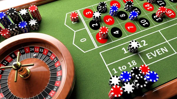 Casino completa mesa con ruleta y fichas, 3d render — Foto de Stock