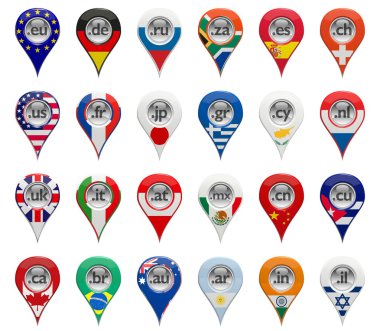 3B etki alanı pin-işaretçiler ile çeşitli ülkelerin bayrakları kümesi