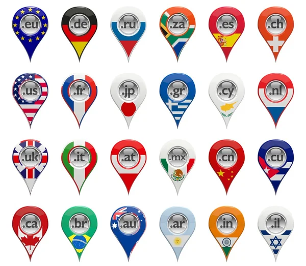 3D uppsättning domän pin-pekare med olika länder flaggor — Stockfoto