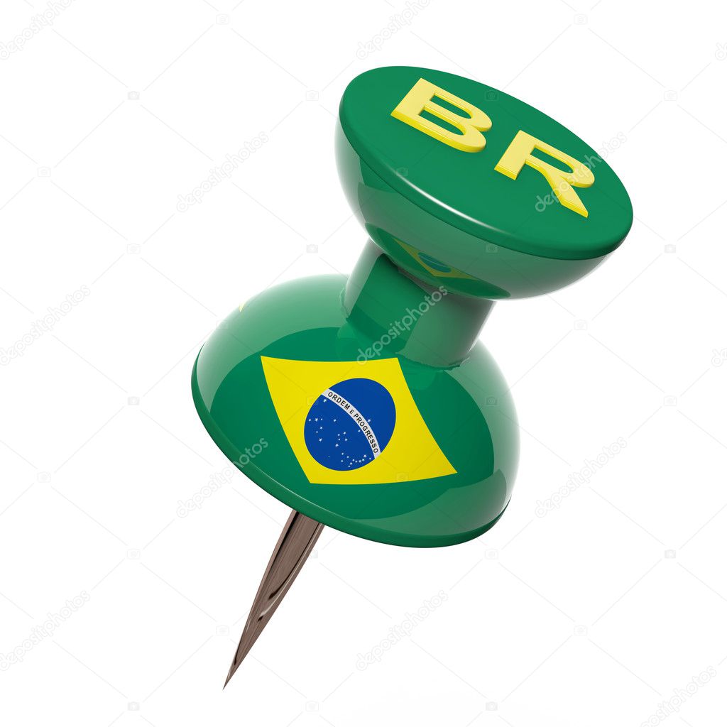 3D pushpin with flag of Brazil isolated on white