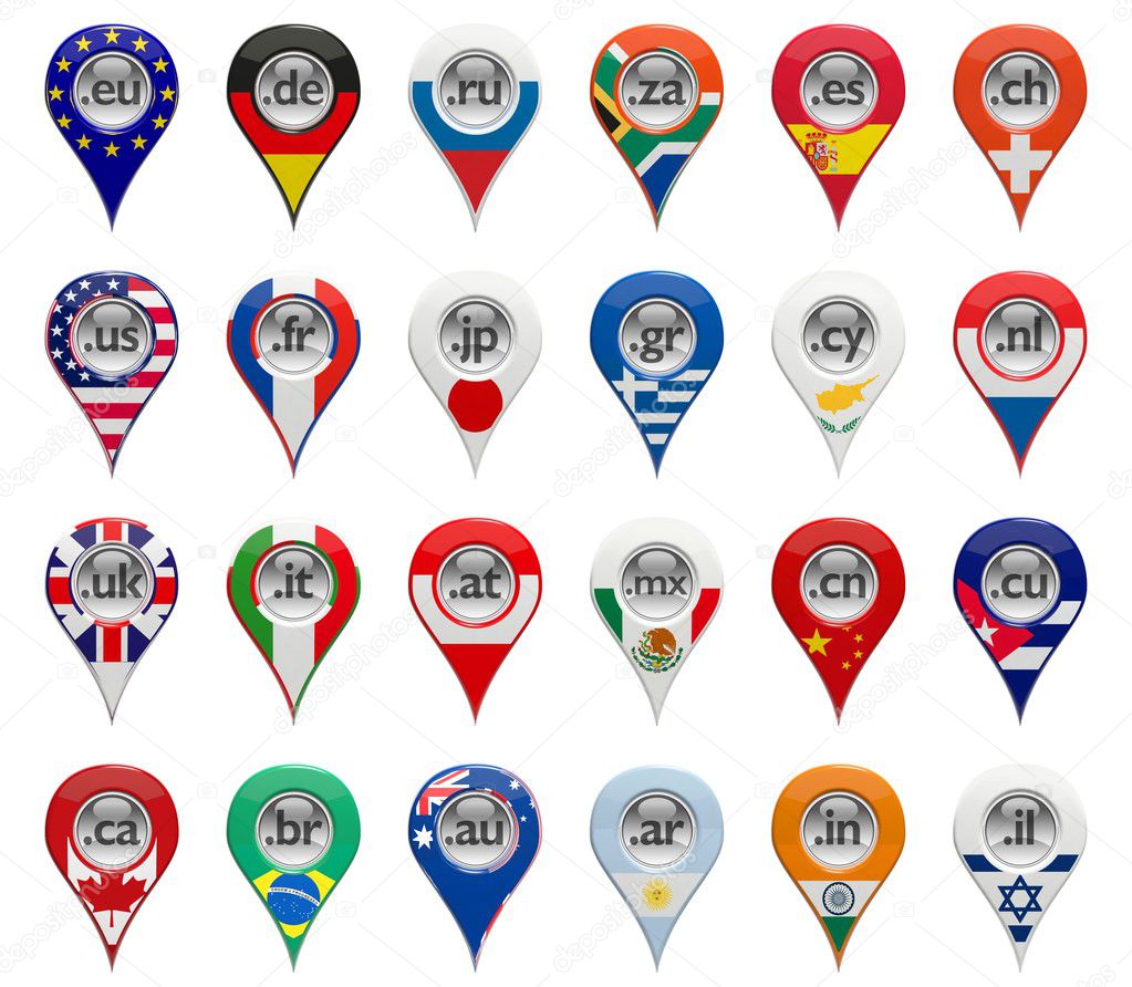 3D set of domain pin-pointers with various countries flags