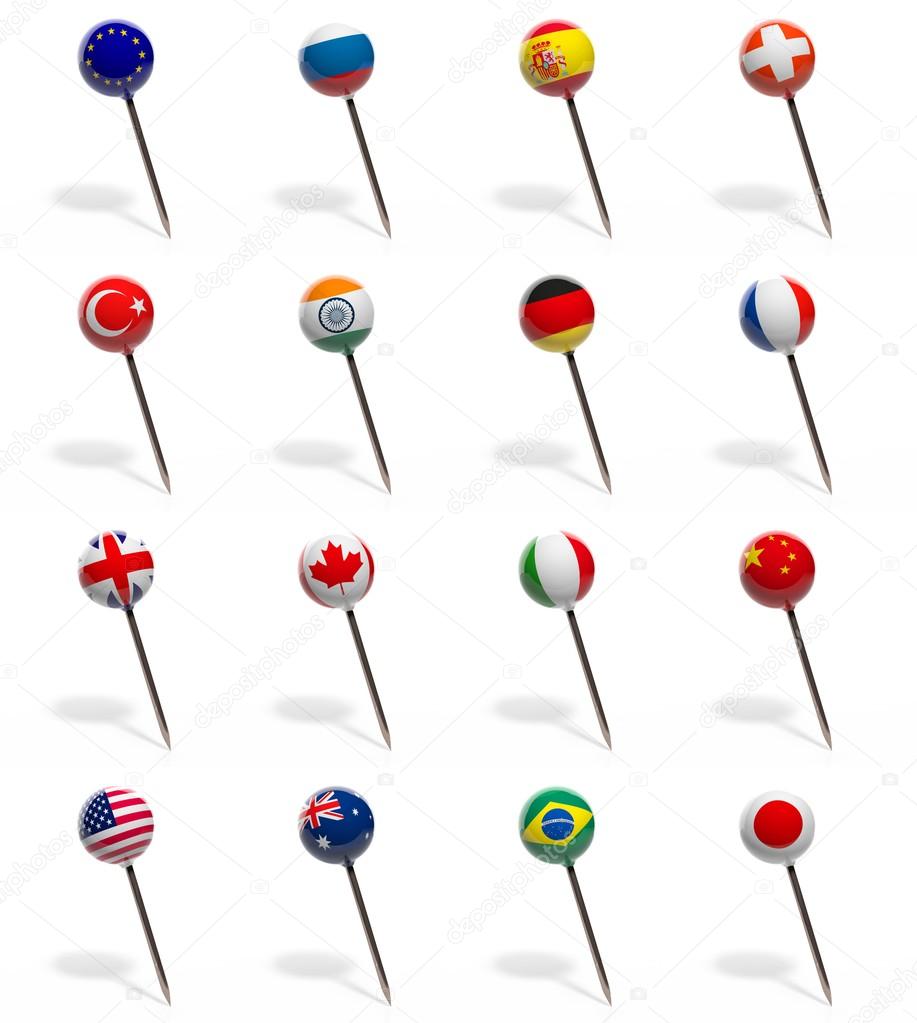 3D set of pushpins with flags of various countries