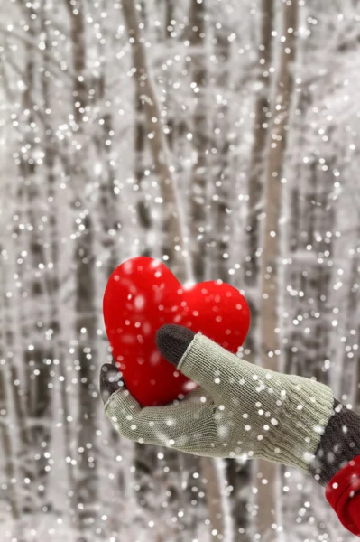 Mulher mão segurando um coração vermelho em um fundo nevado — Fotografia de Stock