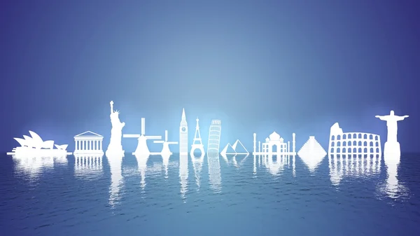 Worlds most famous landmarks icons on water with reflection — Stock Photo, Image