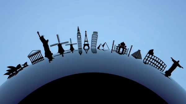 Worlds famous landmarks icons on elliptical surface with reflection — Stock Photo, Image