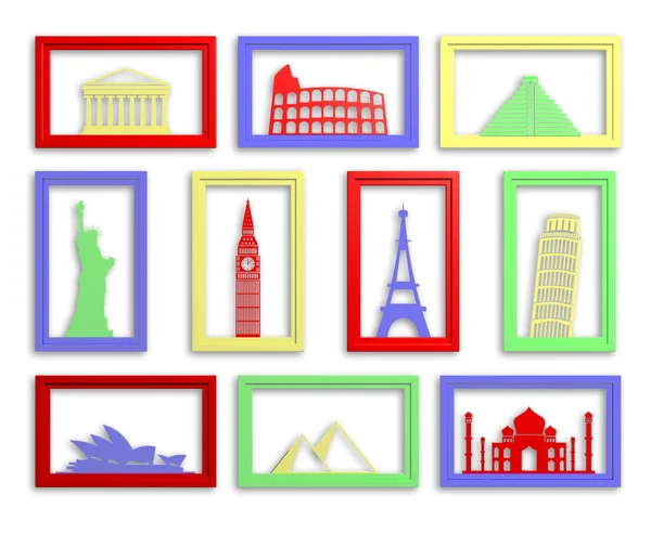 Colorful collection of worlds most famous landmarks in frames — Stock Photo, Image