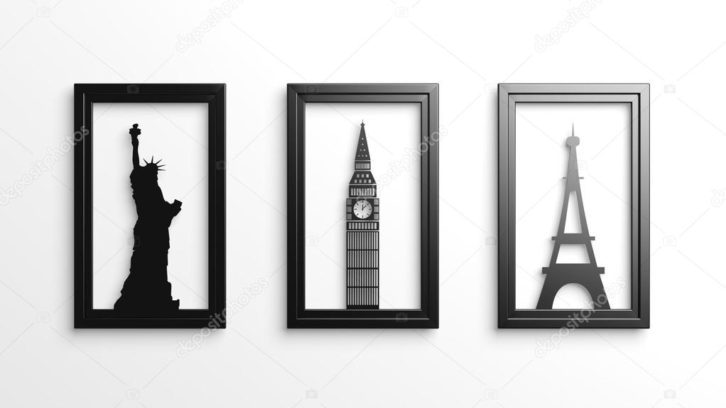 Set of worlds most famous landmarks in frames isolated