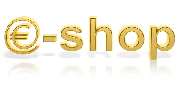 3D gold e-shop text with web money symbol isolated — Stock Photo, Image