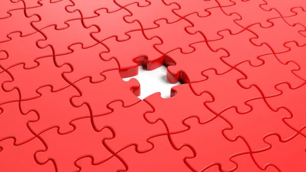 Jigsaw rompecabezas plantilla en blanco rojo con una sola pieza que falta —  Fotos de Stock