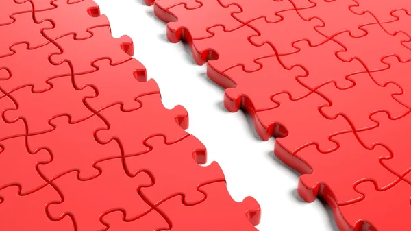 Jigsaw puzzle, czerwony pusty szablon z jeden brakujący wiersz — Zdjęcie stockowe