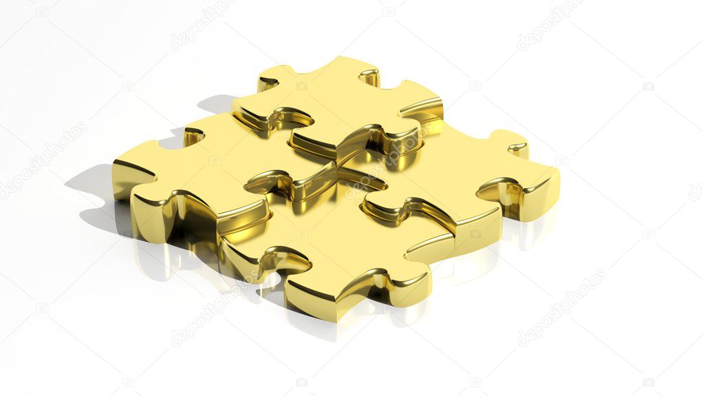 Gold  jigsaw puzzle pieces isolated on white background