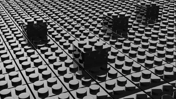 Fundo de lego preto com quatro blocos destacando-se — Fotografia de Stock