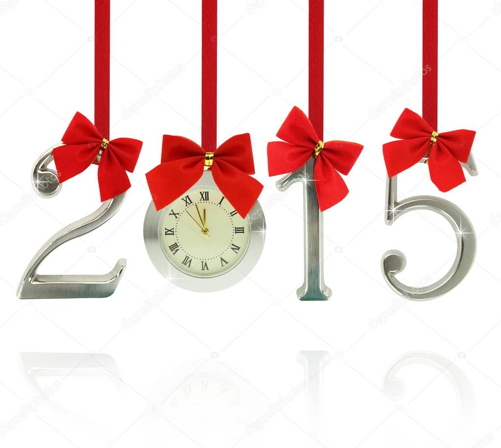 2015 number ornaments with clock hanging on red ribbons