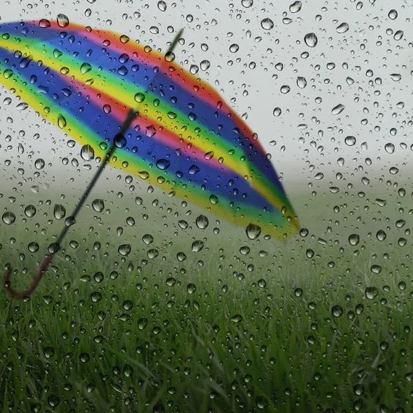 Wet glass with raindrops, green grass and colorful umbrella — Stock Photo, Image