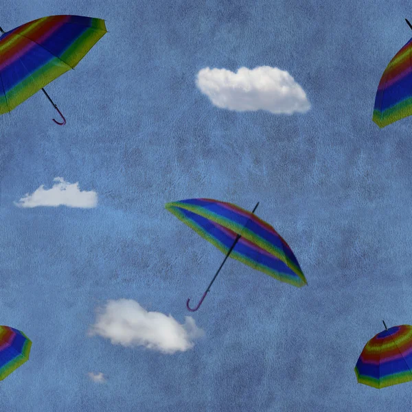 Parapluies colorés volants sur le ciel bleu motif sans couture — Photo