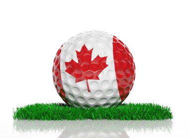 Yeşil çimenlerin üzerinde Kanada bayrağı ile golf topu 