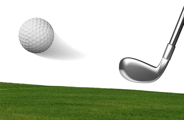 Golfschläger mit Ball auf grünem Feld auf weißem Grund — Stockfoto