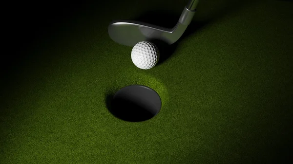 Мяч для гольфа с клюшкой на кладке зелени с лункой — стоковое фото