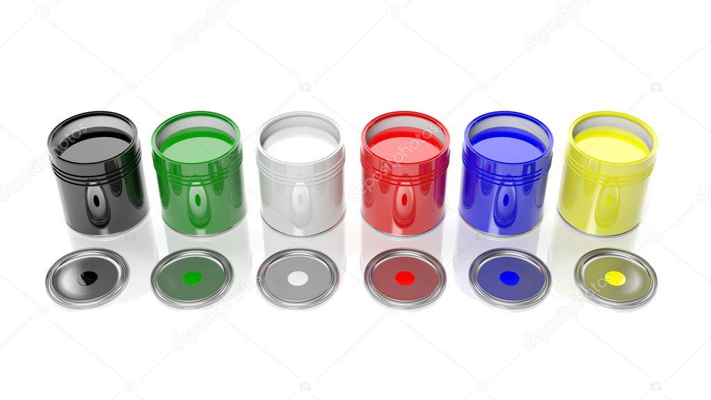 Six cans full with various colors paint with lids