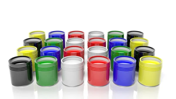 Organized rows of cans with paint on the floor — Stock Photo, Image