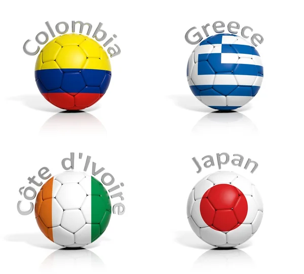 Groupe de ballons de football Colombie, Grèce, Japon, Côte d'Ivoire isolé — Photo