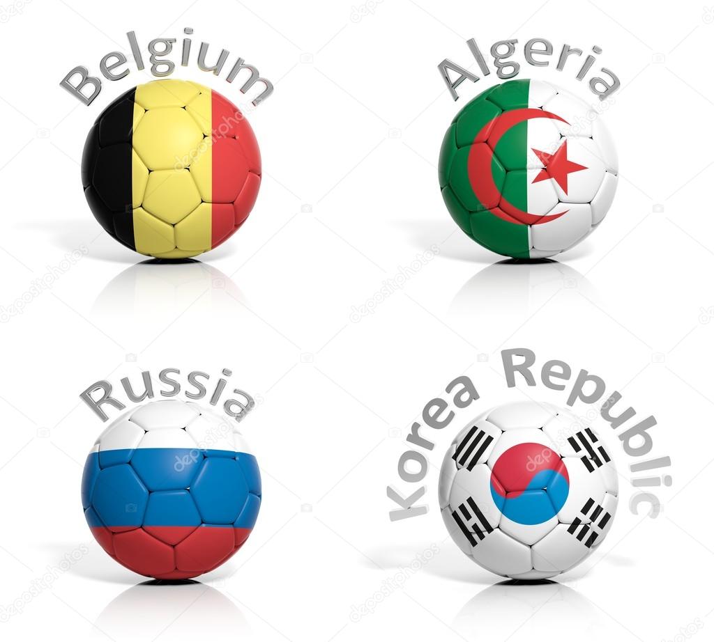 Group of soccer balls Belgium,Algeria,Russia,Korea Republic isolated