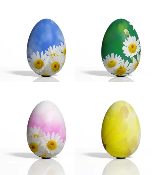 Vier gekleurde eieren met bloemen en bokeh geïsoleerd — Stockfoto