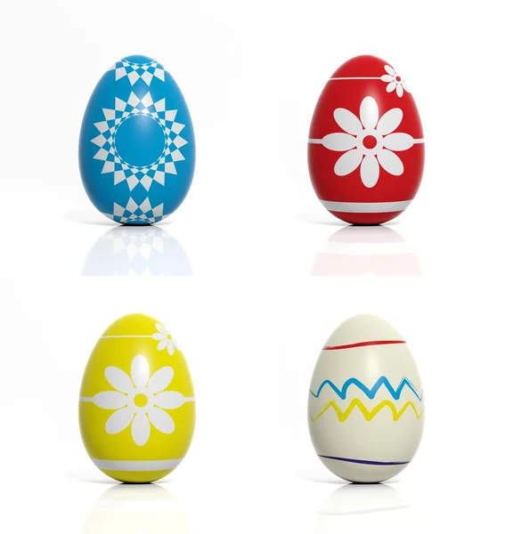 Четыре яйца с цветами и геометрическими формами изолированы — стоковое фото