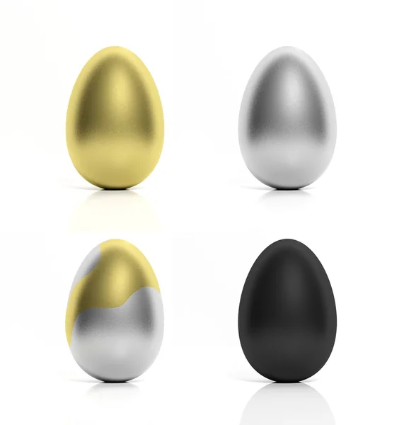 Four eggs painted gold, silver and black isolated — Stock Photo, Image