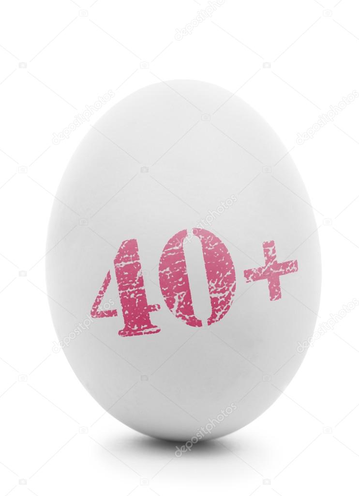 White egg with pink stamp 40 isolated on white