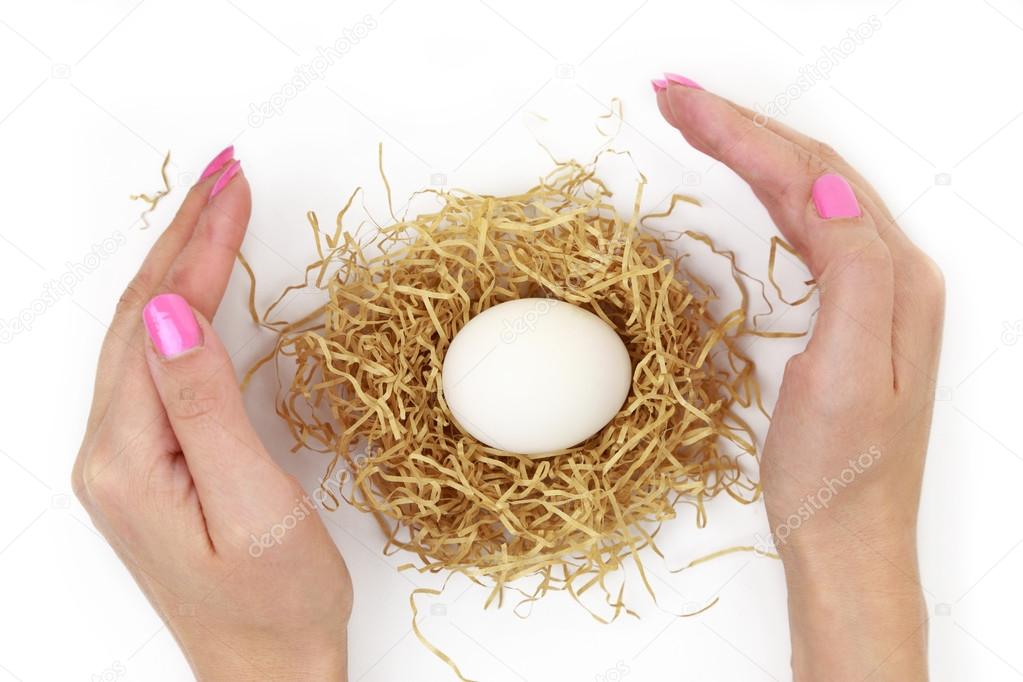 Female hands protecting egg inside nest isolated on white 