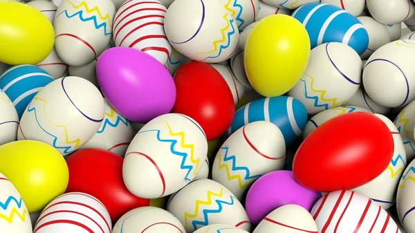 Arrière-plan avec de nombreux œufs peints en couleurs et formes — Photo